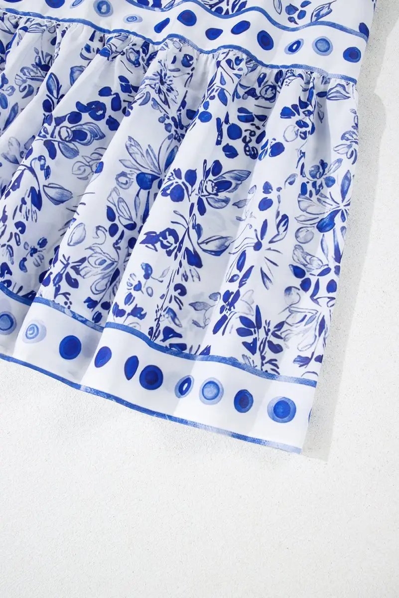 Sky Blue Floral Print Square Neck Bubble Sleeve Dress - Love Salve